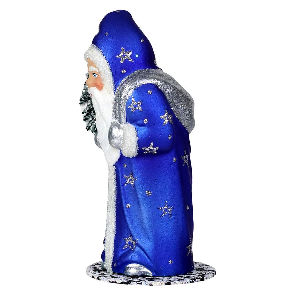 Glittered & Beaded Blue Coat Santa Claus With Stars Holding Tree