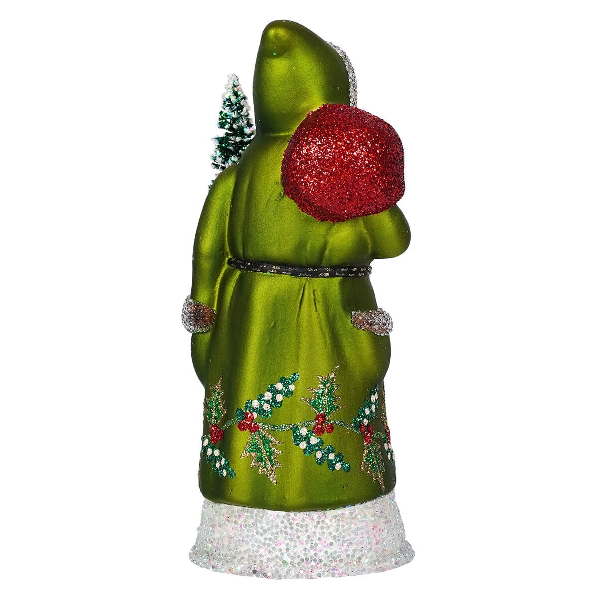 Glittered & Beaded Green Coat Santa Claus With Hollies Holding Tree