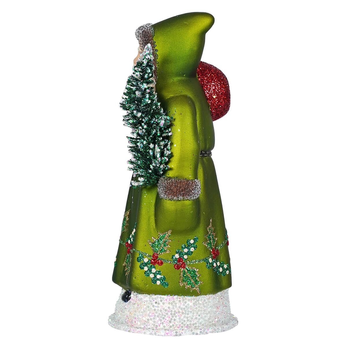 Glittered & Beaded Green Coat Santa Claus With Hollies Holding Tree