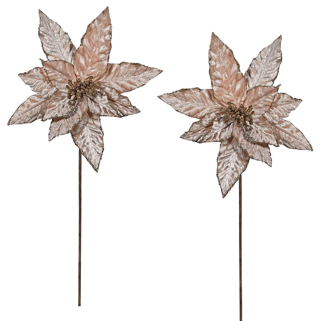 Glittered Edge Velvet Poinsettia Stems Set/2