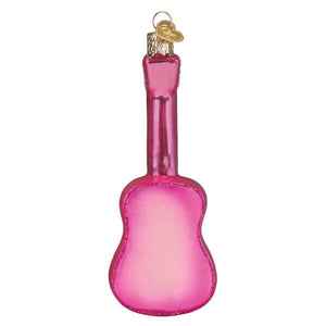 A vibrant pink glass glam guitar ornament with glittery finish and gold cap perfect as a music ornament