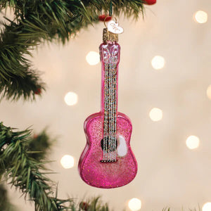 Pink glitter glam guitar ornament with gold neck strings and heart tag perfect music ornament decoration
