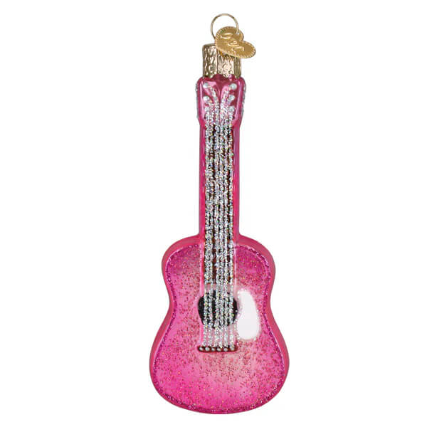 Pink glittery glam guitar ornament perfect as a sparkly music ornament or guitar ornament decoration