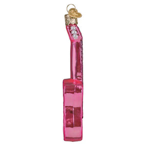 Pink glass glam guitar ornament with gold cap and silver accents perfect as a music ornament decoration