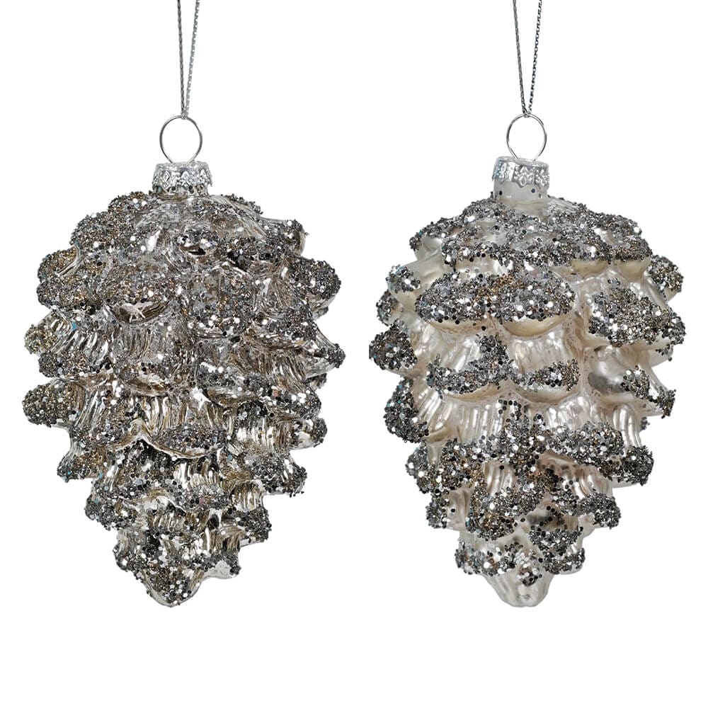 Glittered Glass Pine Cone Ornaments Set/2