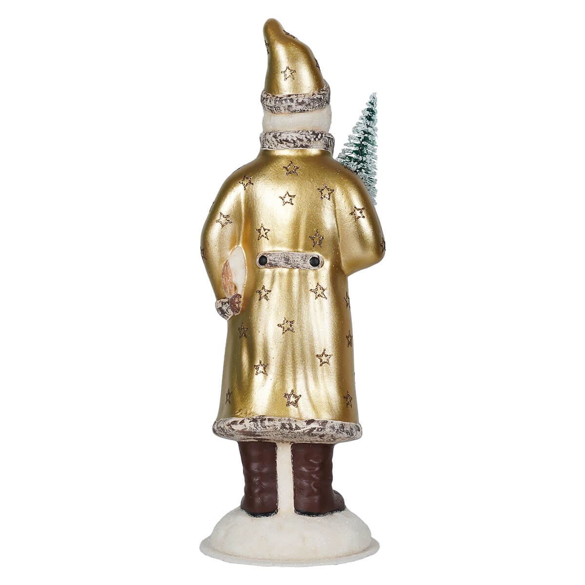 Glittered Gold Coat Santa Claus With Stars Holding Toys, Lantern & Tree