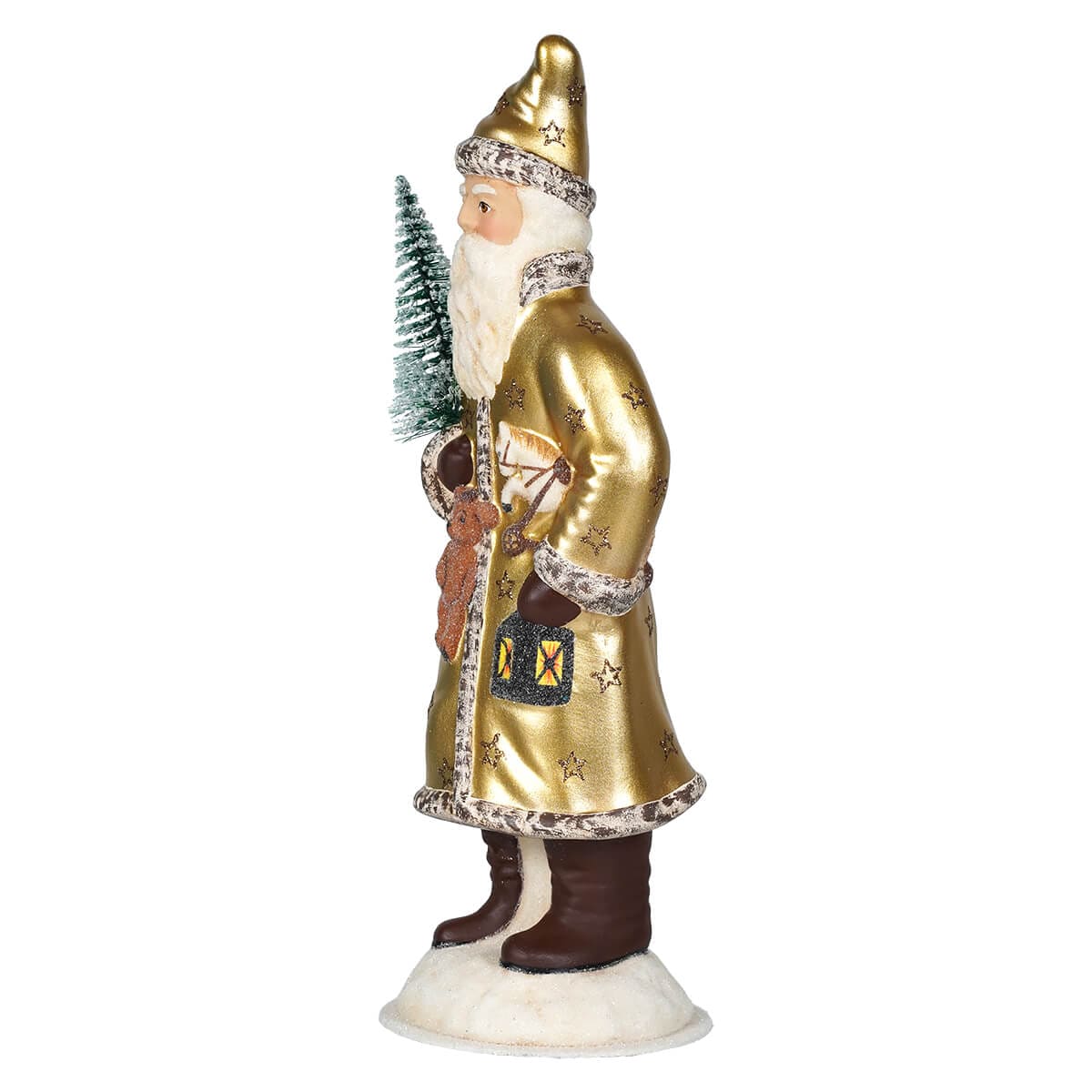 Glittered Gold Coat Santa Claus With Stars Holding Toys, Lantern & Tree