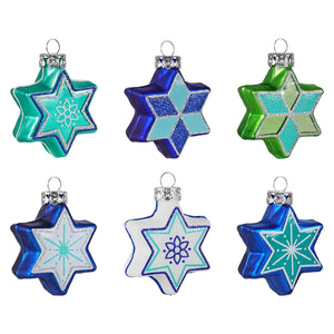 Set of six glittered jewish star glass ornaments in teal blue and green with snowflake designs for christmas decor