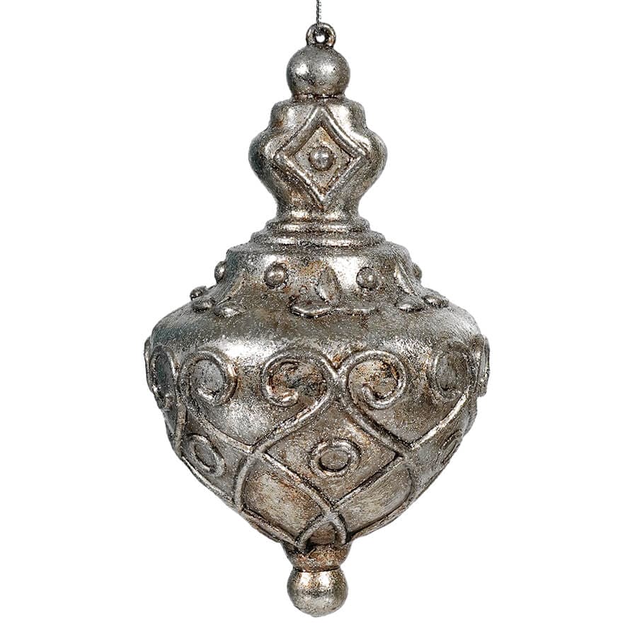 Glittered Metallic Pewter Onion Scroll Finial Shatterproof Ornament