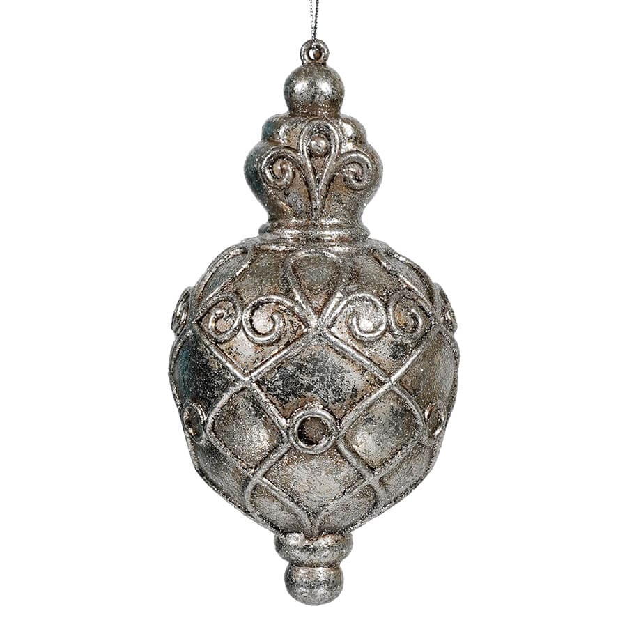 Glittered Metallic Pewter Round Scroll Finial Shatterproof Ornament