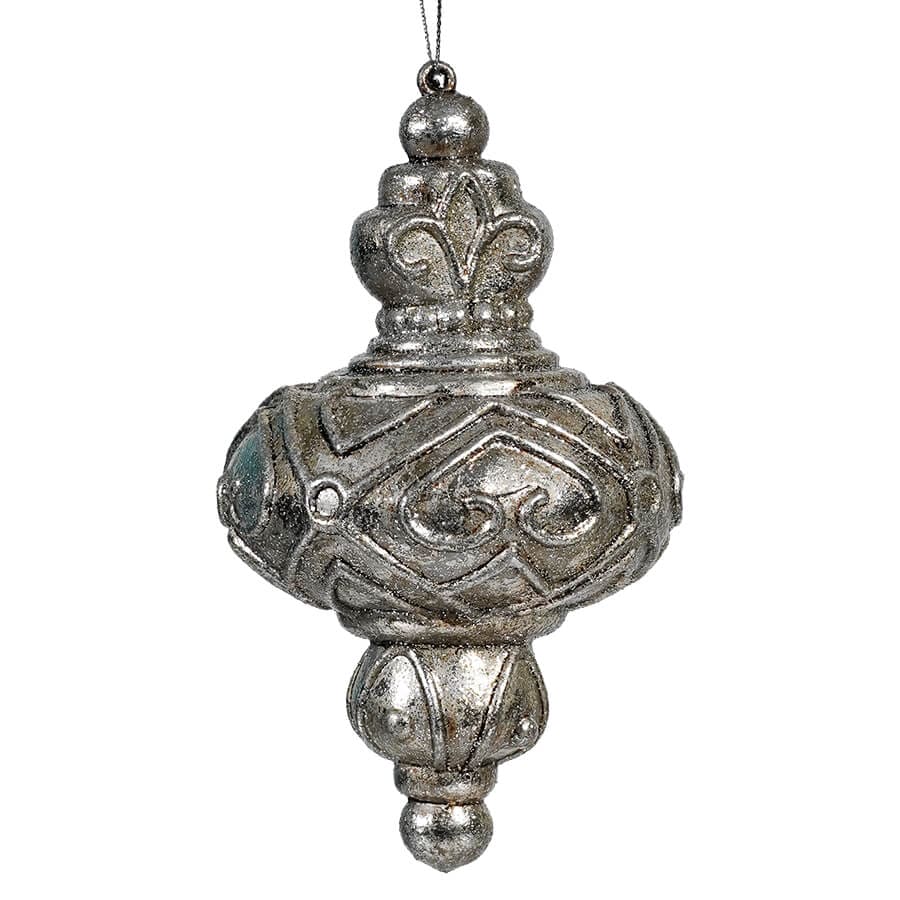 Glittered Metallic Pewter Tiered Scroll Finial Shatterproof Ornament