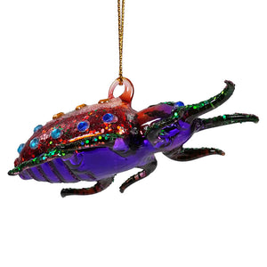 Colorful glass beetle ornament decorated with sparkly rhinestones and a hanging loop.