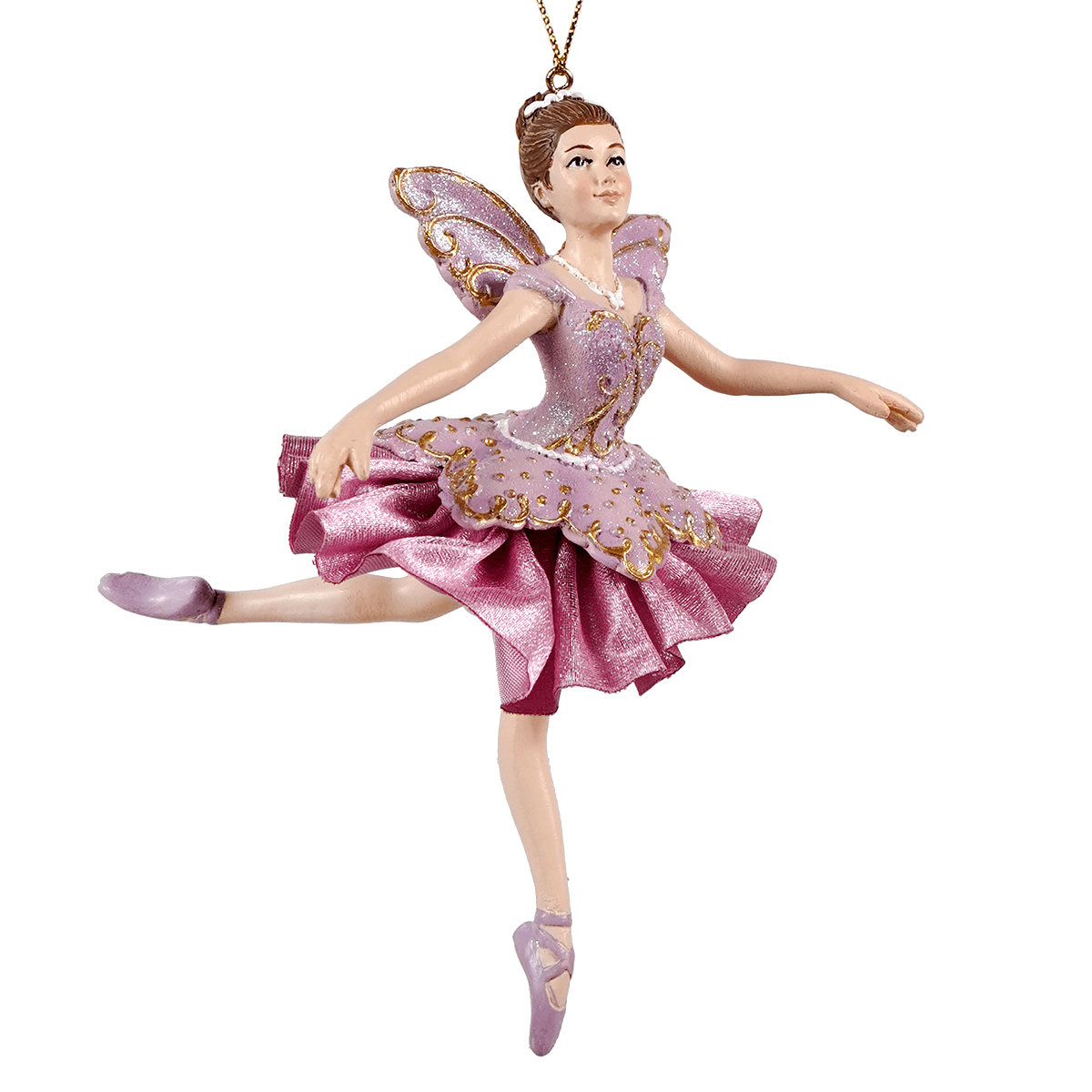 A delicate pink and lavender glitter sugar plum fairy ballerina ornament with gold accents wings and a satin skirt