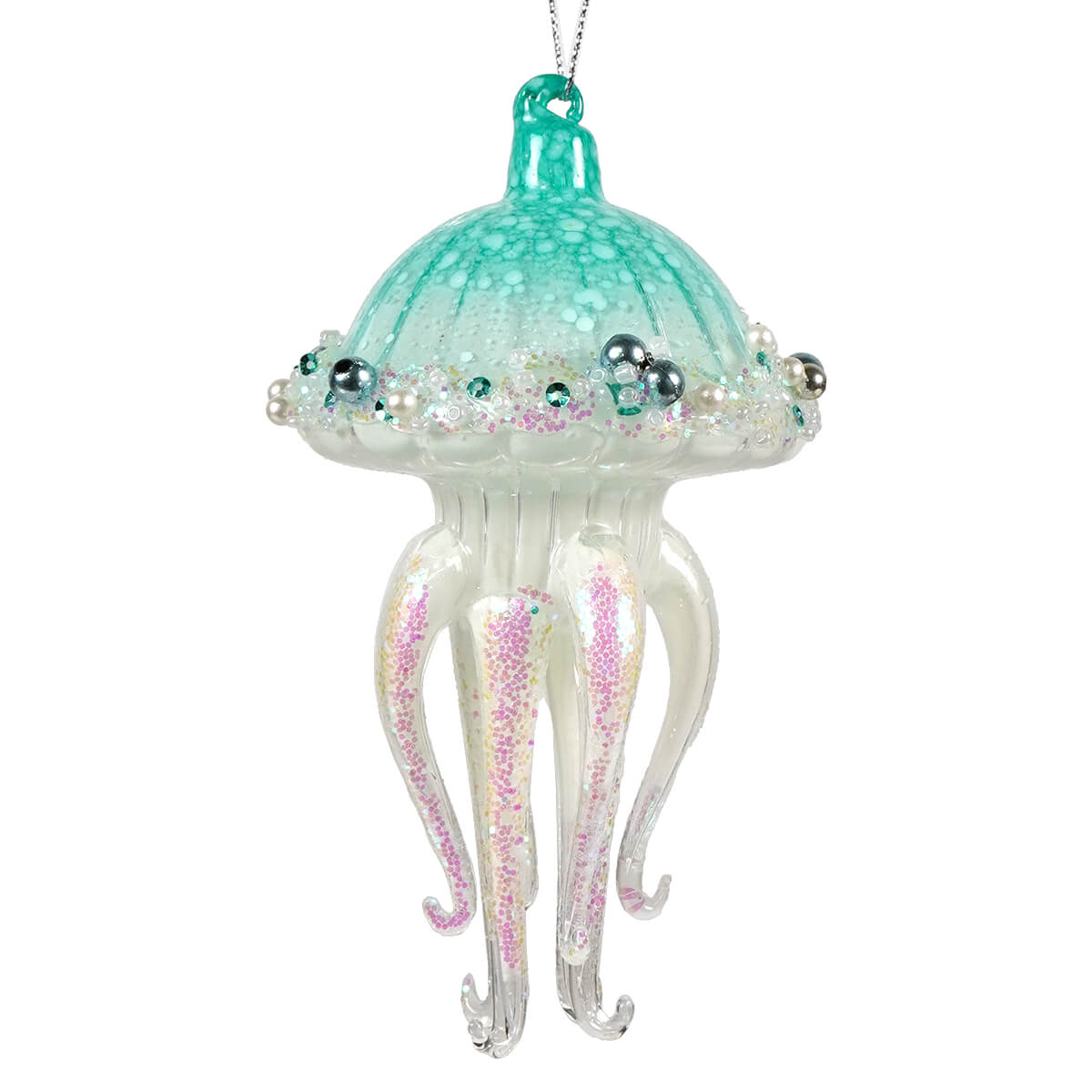 Glow in the dark glass jellyfish ornament by kurt adler in teal glass with pink glitter silver beads and pearl accents