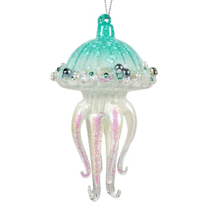 Glow in the dark glass jellyfish ornament by kurt adler in teal glass with pink glitter silver beads and pearl accents