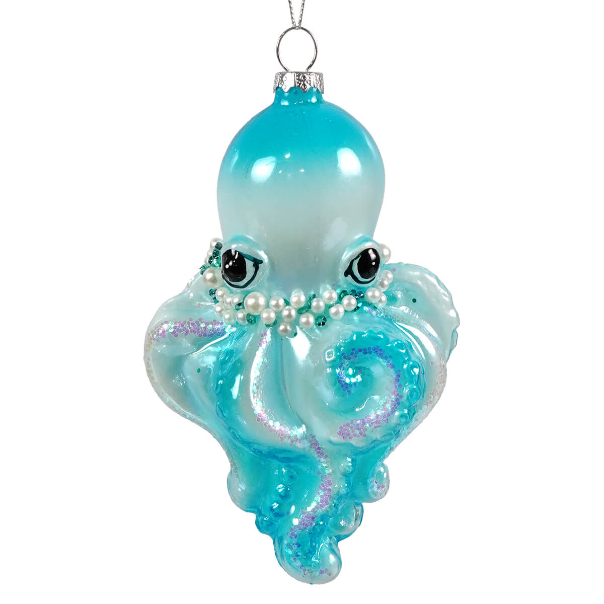 Glow in the dark sea blue octopus glass ornament with pearl and glittery purple accents for lighted decor