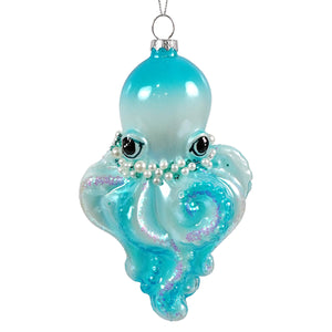 Glow in the dark sea blue octopus glass ornament with pearl and glittery purple accents for lighted decor