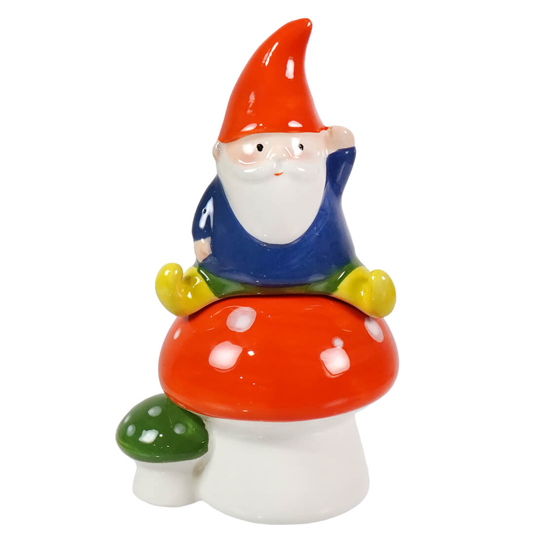 A glossy ceramic gnome salt and pepper shakers set with a red hat blue robe and yellow gloves on an orange mushroom ideal for easter tableware