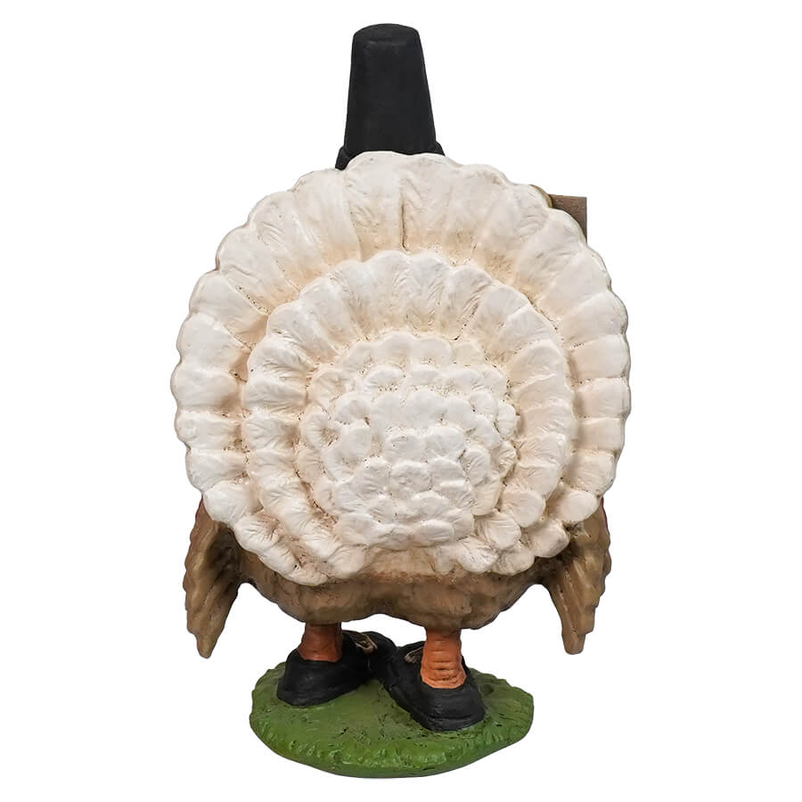 Decorative turkey-shaped wine bottle holder with a ruffled white plumage body and orange feet.