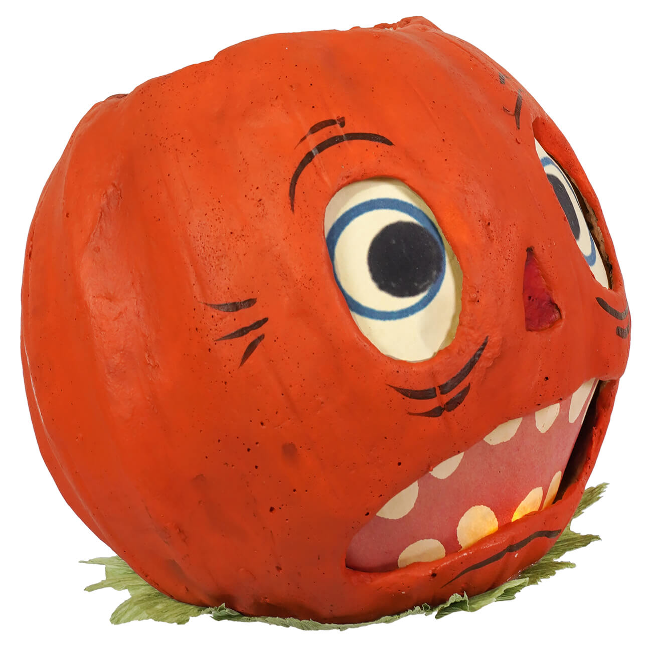 Vibrant orange vandolls folk art halloween pumpkin lantern with cartoon face by rachel garrison showing wide grin