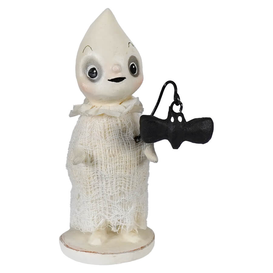 Going batty ghost figurine holding a brown wooden bat perfect for spooky ghost figures collection