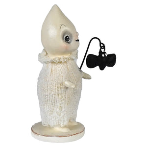 A cream-colored batty ghost figurine with lace texture and ruffled collar holding a black bat lantern on a chain