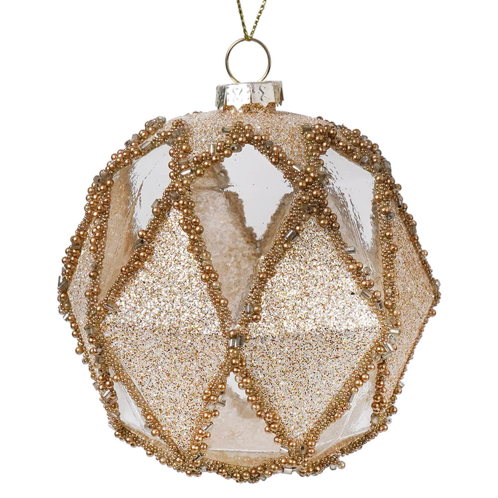 Gold Beaded & Glittered Geometric Royal Glass Ornament - Ornaments