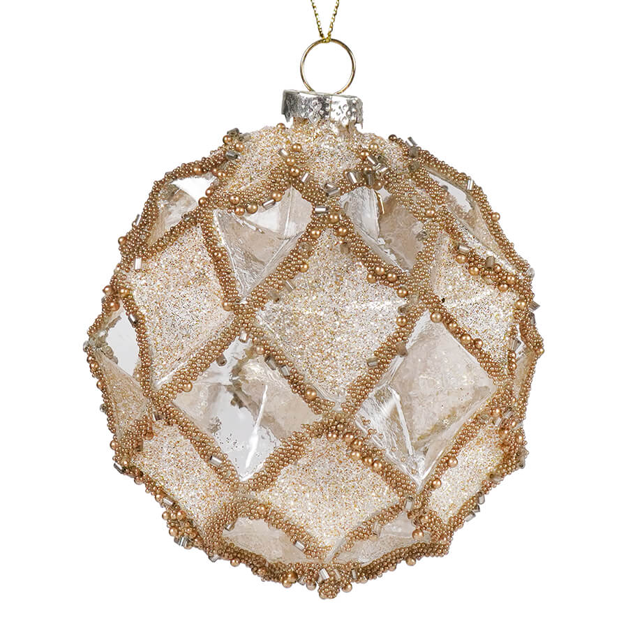 Gold Beaded & Glittered Geometric Royal Glass Ornament - Ornaments