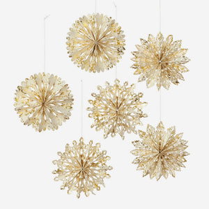 Gold cutout snowflake ornaments set of 6 featuring layered cream and gold paper snowflake decorations for holiday decor