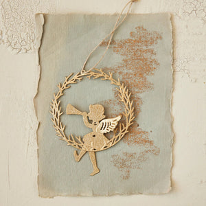 Delicate gold finish metal angel sitting on wreath with trumpet ornaments set hanging by thin string