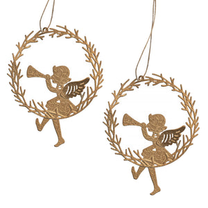 Gold finish metal angel sitting on wreath with intricate cut-out cherub playing trumpet ornaments set of 2