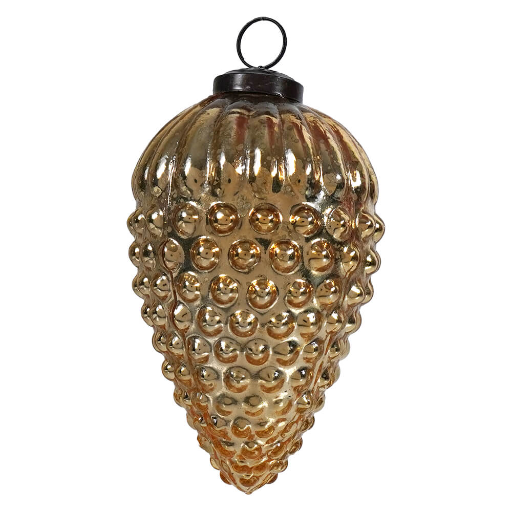 Gold glass pinecone ornament with textured metallic sheen and raised circular bumps perfect for gold and silver theme decor