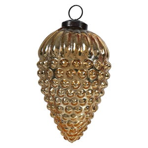 Gold glass pinecone ornament with textured metallic sheen and raised circular bumps perfect for gold and silver theme decor