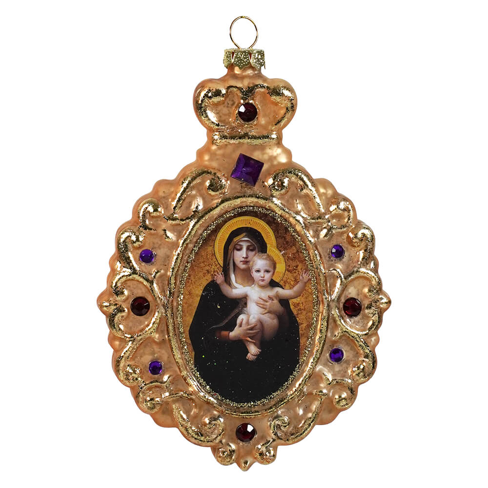 Gold glass virgin mary and child ornament in gold with purple gem accents perfect for nativity and religious ornaments