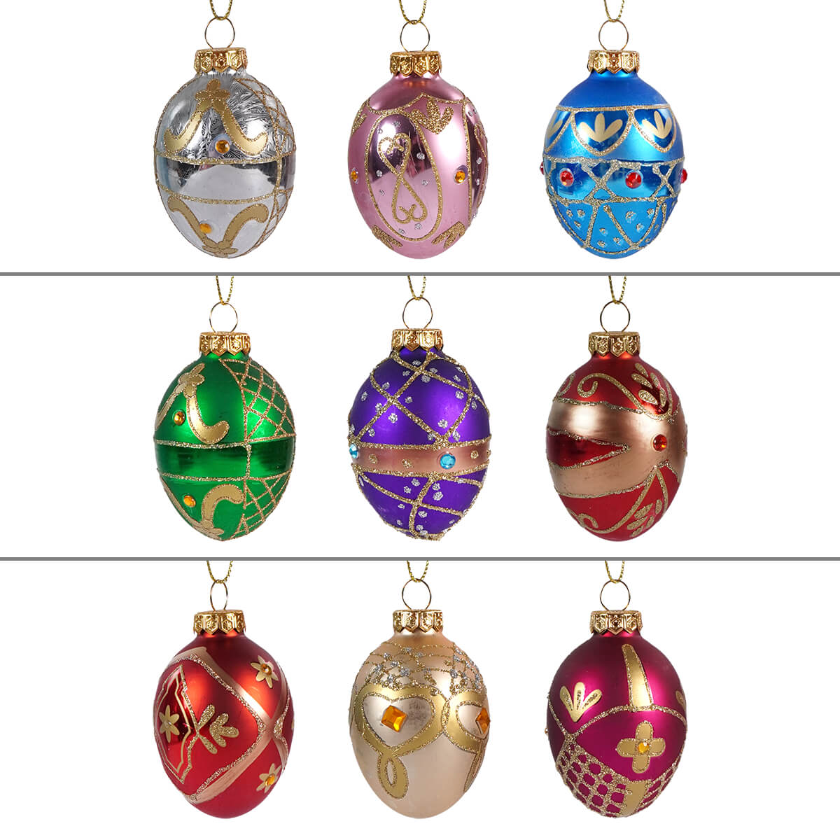 Collection of ornate, colorful egg-shaped Christmas ornaments with various decorative patterns and designs.