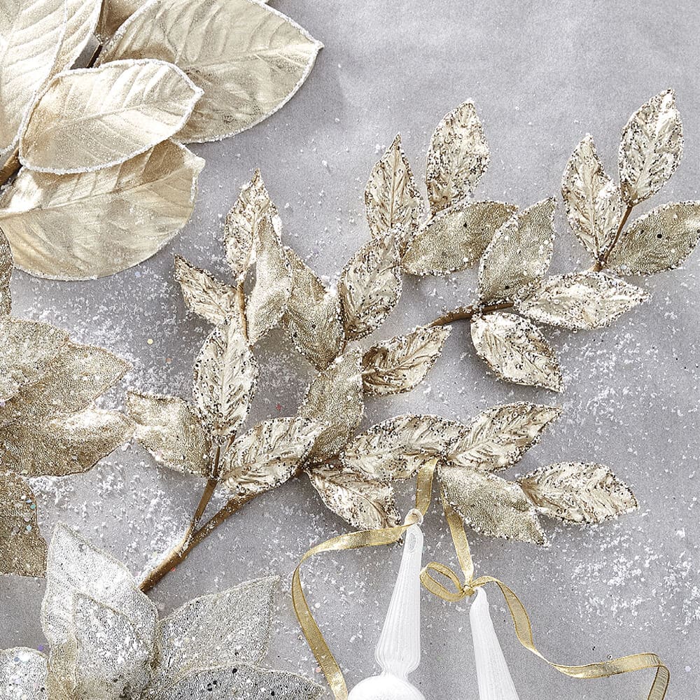 Gold Glittered Leaf Spray Set/2