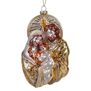 Gold holy family blown glass ornament with intricate gilded silver and gold detailing perfect for christmas décor