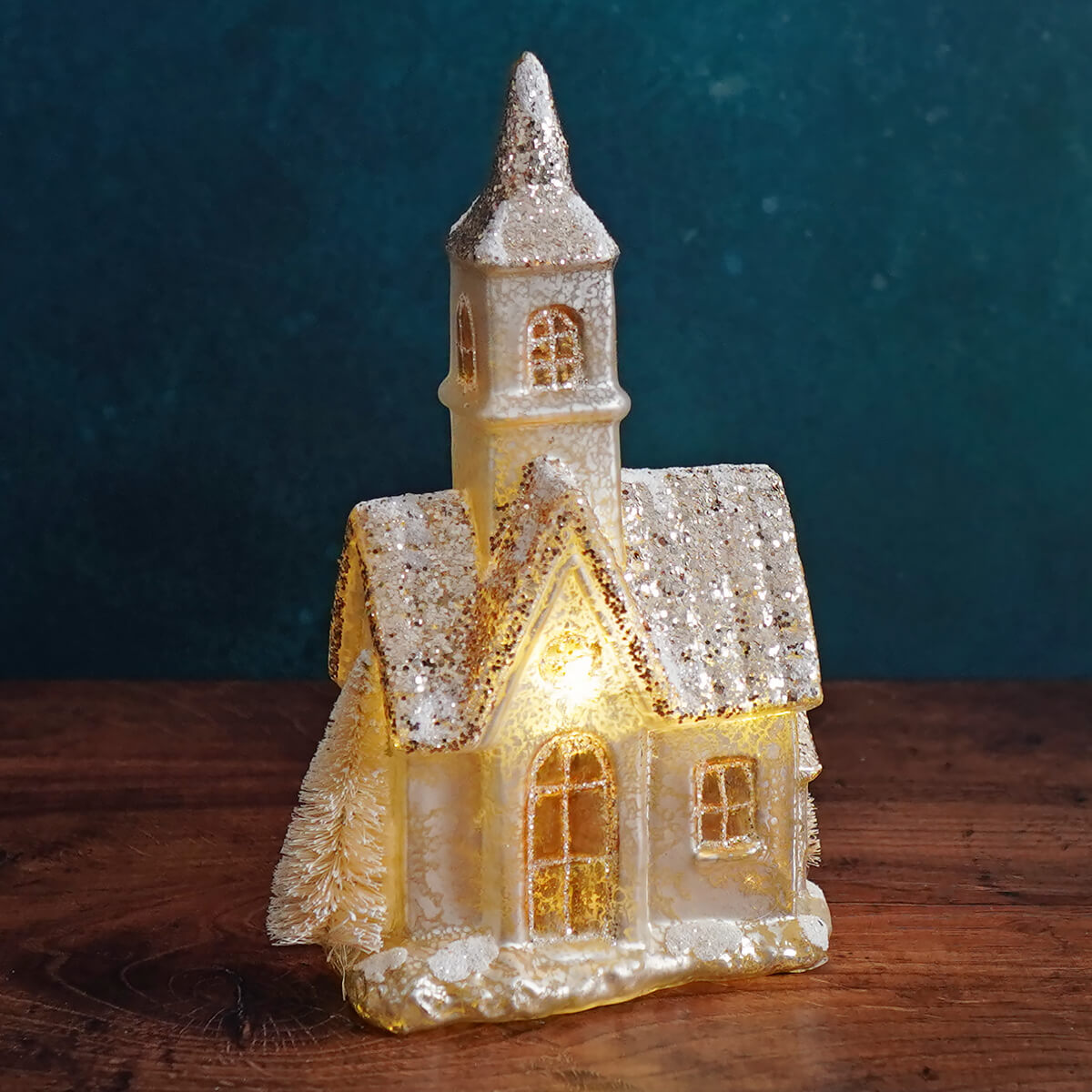 Gold & Ivory Mercury Glass Lighted Church - Christmas