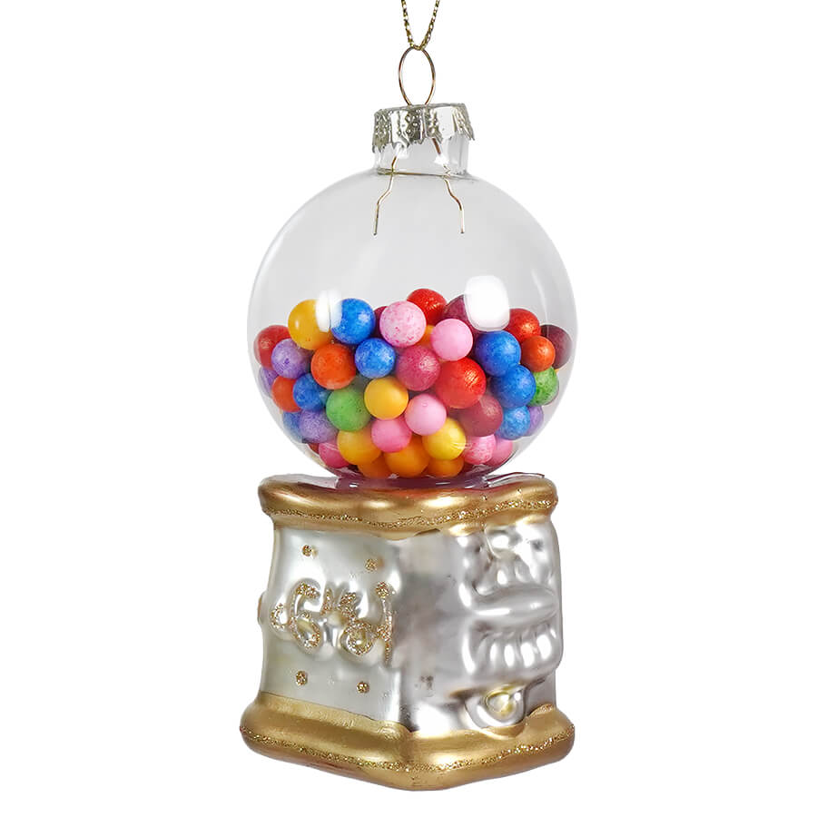 Ornamental gumball machine Christmas tree decoration filled with colorful candy-like balls.