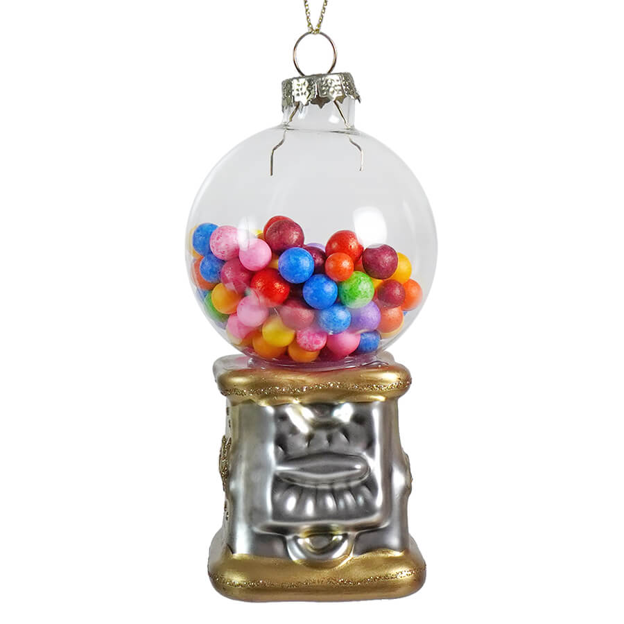 Glass ornament shaped like a gumball machine filled with colorful candy balls.