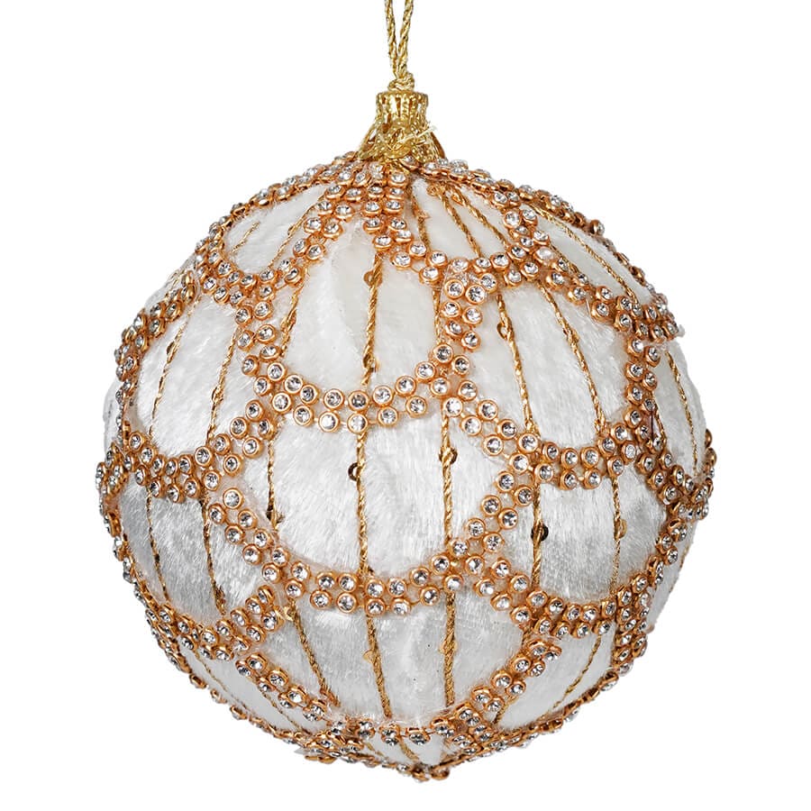 Gold & White Jeweled Ball Ornament - Ornaments