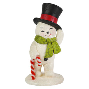 A charming white bethany lowe design mr frost christmas snowman figure with black top hat green scarf and candy cane