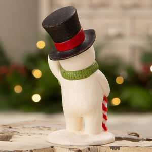 White snowman figurine mr frost by bethany lowe design wearing black top hat red band green scarf holding candy cane