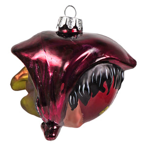 A glossy deep red witch glass ornament shaped like an open-mouthed creature with black and white teeth by gorenaments