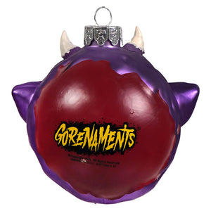Purple and red glass devil ornament with white horns and gorenaments logo perfect halloween ornaments and pumpkin ornament