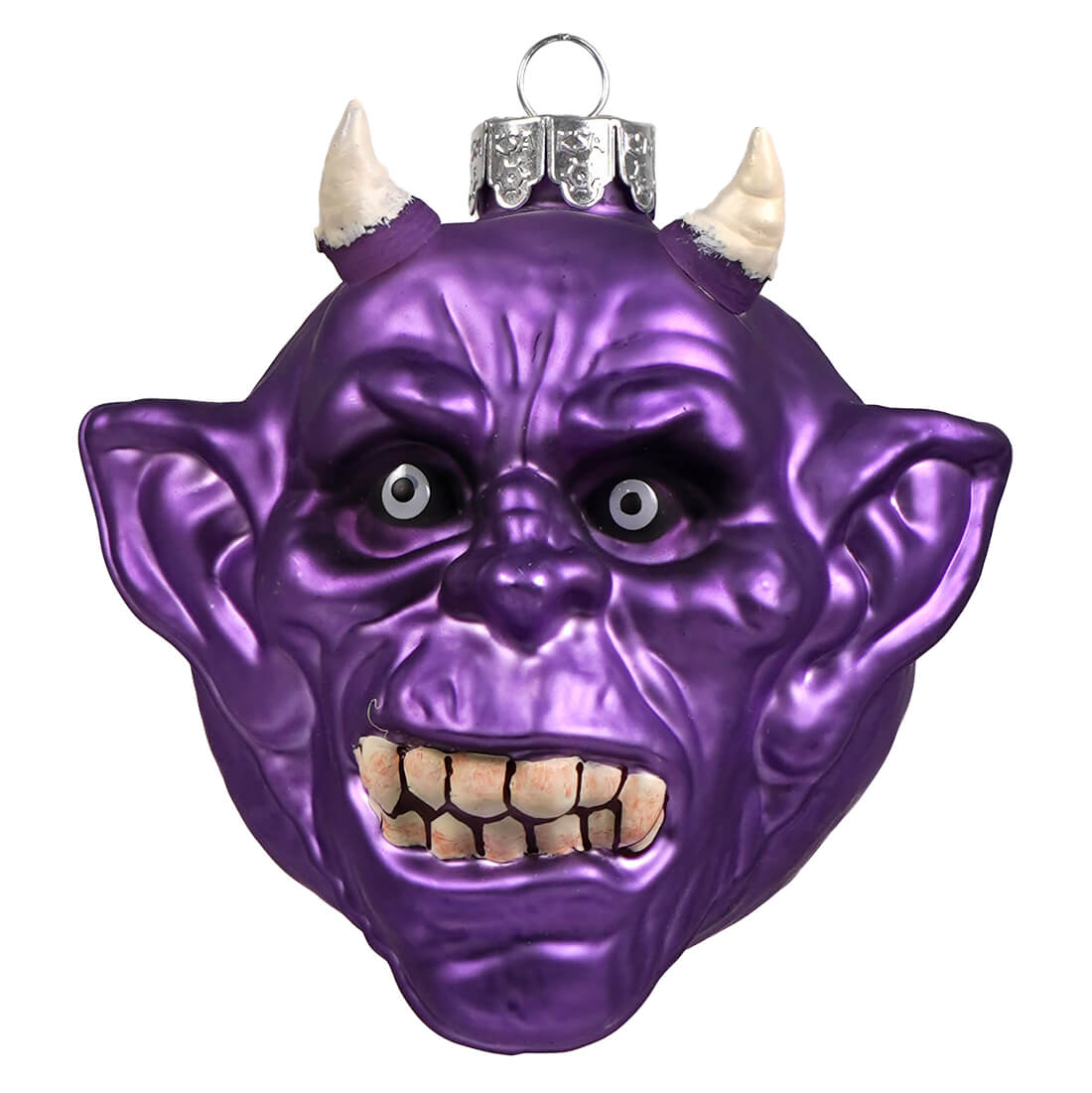 Purple glass halloween ornament shaped like a demonic face with white horns and teeth by gorenaments bill the demon