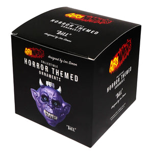 Purple plastic devil head halloween ornament with white horns and blue eyes by len simon for gore-nests