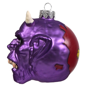 Purple and red demonic glass head ornament with silver metal cap and horn perfect for halloween ornaments and pumpkin ornament