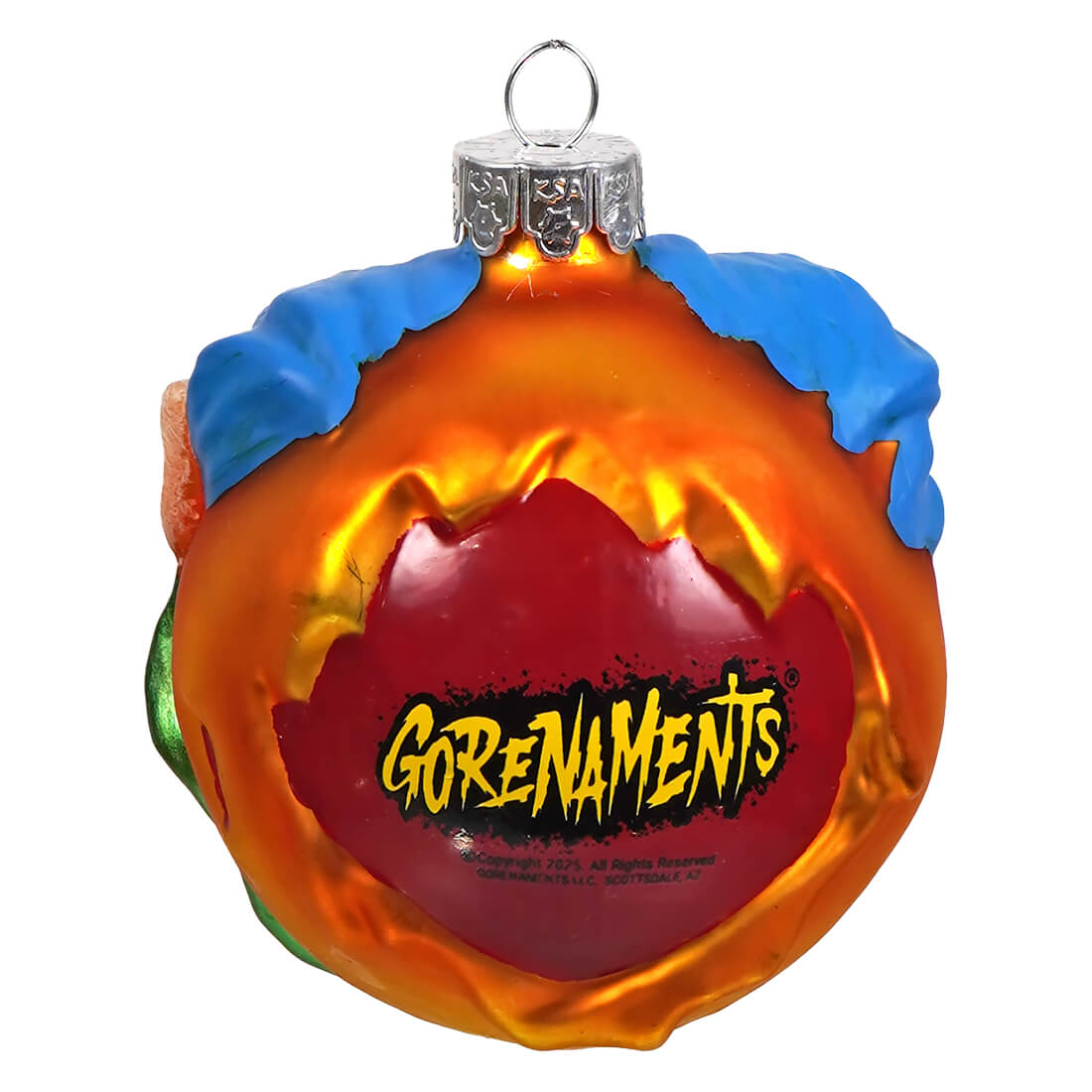 Vibrant orange and red clown glass ornament with blue green and pink accents and bold gorenaments logo by kurt adler