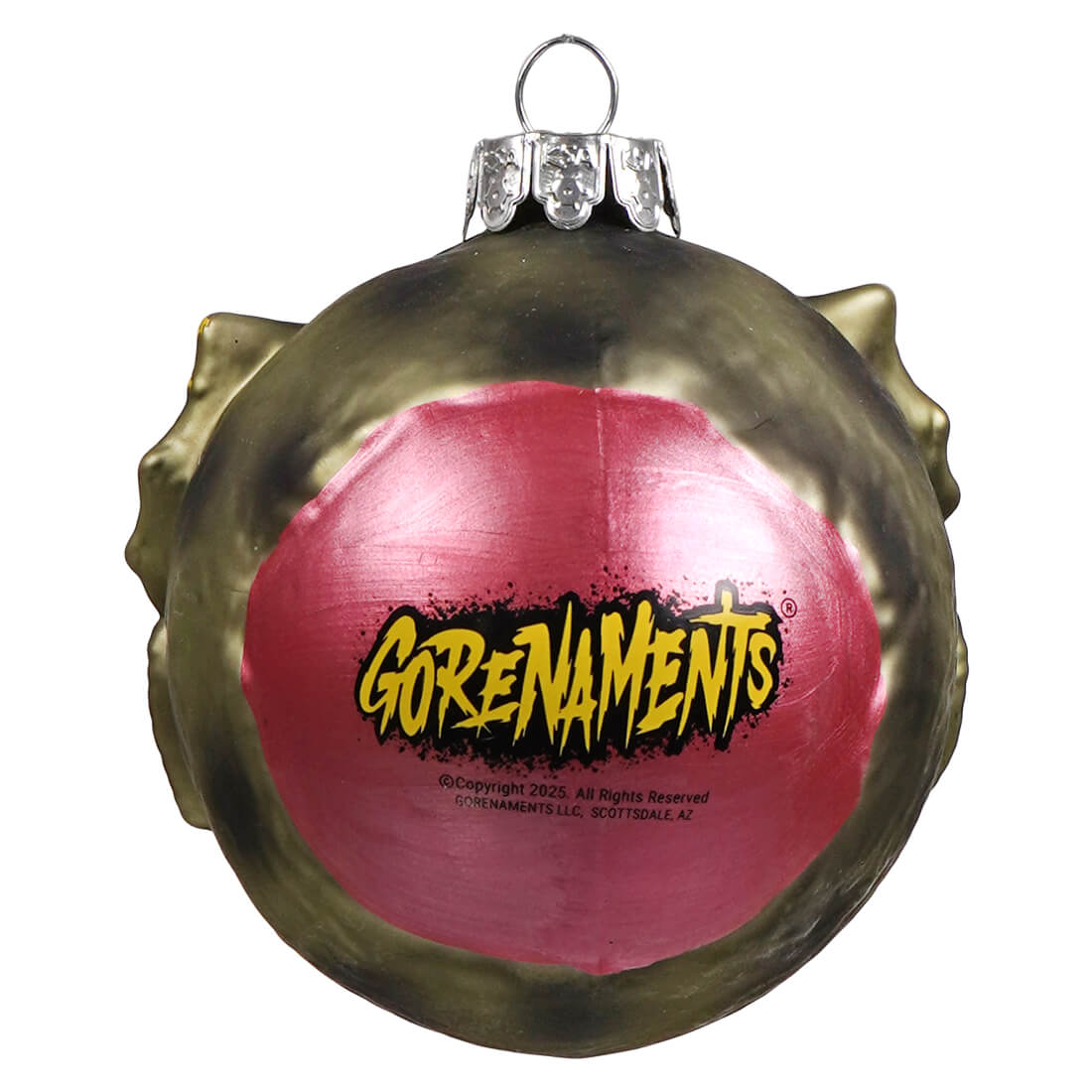 A metallic gold glass gorenaments christmas ornament with a pink center and bold yellow black logo perfect for halloween ornaments